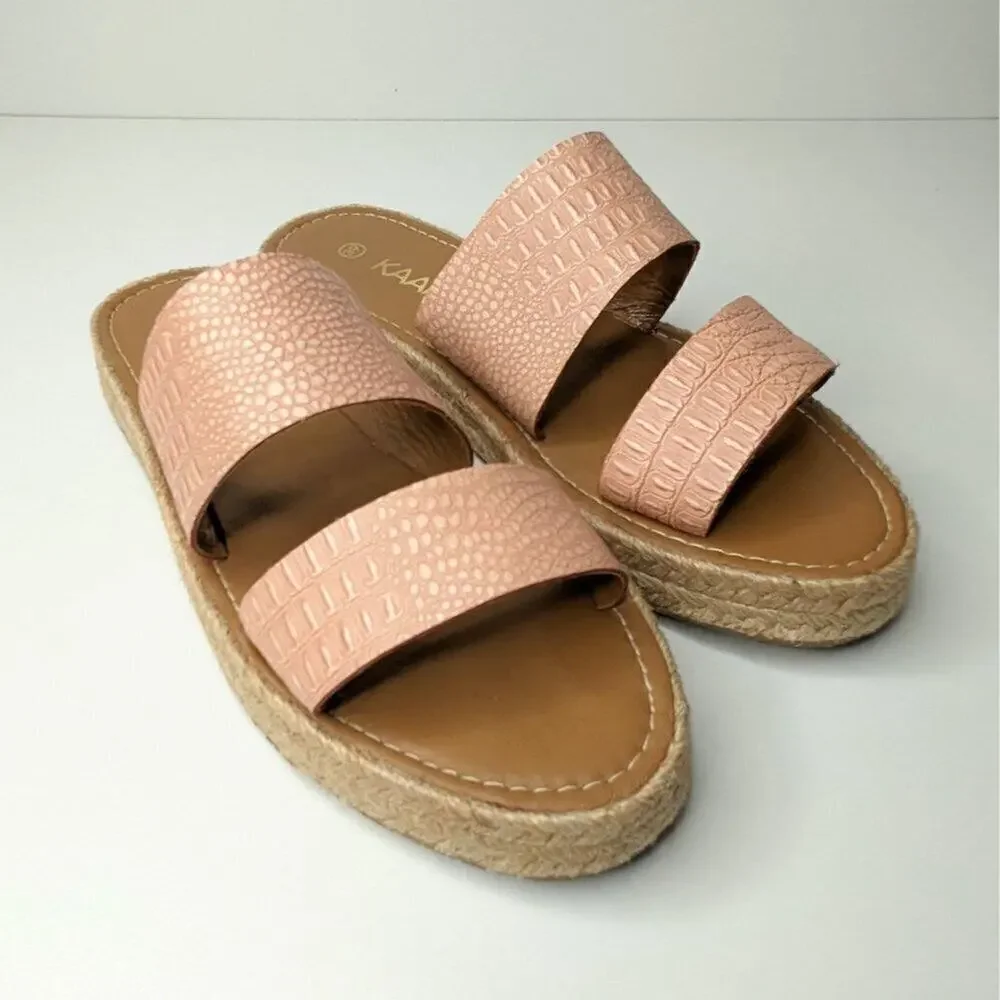 Kaanas Anthropologie Tobago Flatforn blush pink slide on sandals size 9